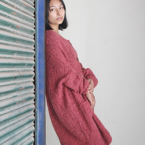 手編みモヘアロングカーディガン 茜色(ピンク系) ニット 手編みモヘアロングカーディガン 茜色(ピンク系) ニット