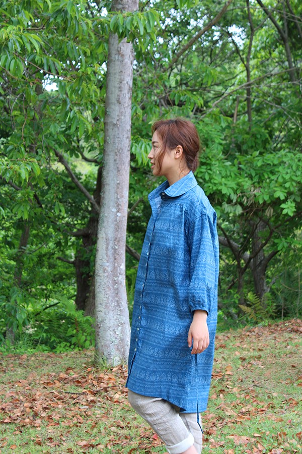 ブロックプリント　リネンシャツワンピース