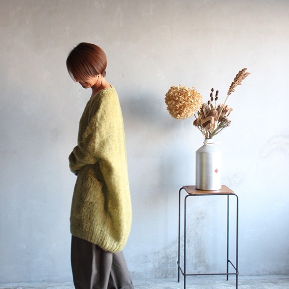 手編みざっくりモヘアロングセーター　オリーブ