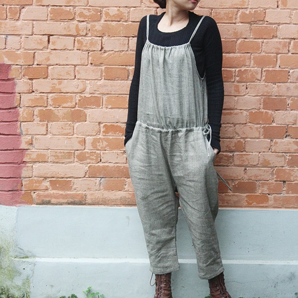 再販◉大人かわいいジャンプスーツ◉ リネンストライプ オールインワン