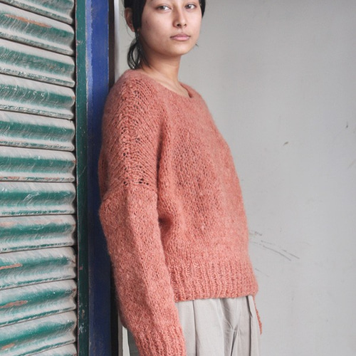 手編みモヘアショートセーター サーモンピンク ニット・セーター