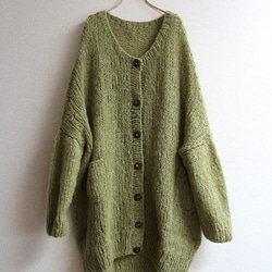 淺綠橄欖色手工編織馬海毛長開襟衫 第8張的照片