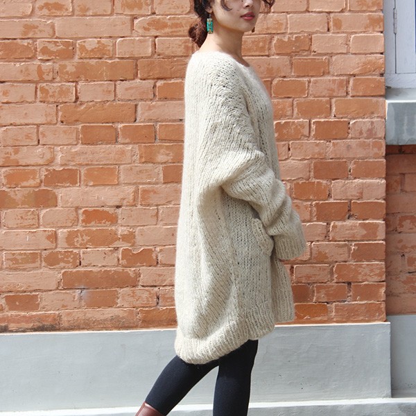 手編みざっくりモヘアロングセーター　ナチュラル