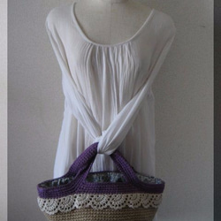 [1最後]雙色麻線籃子袋L（紫色）手工編織扇貝花邊 第4張的照片