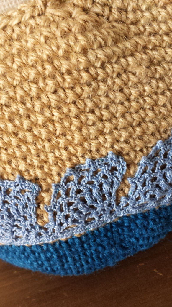 手編み！底カラー麻ひもマルシェS（波、ブルー） 2枚目の画像