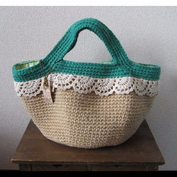 【定做】雙色麻線籃包L（綠色）手工編織扇貝花邊 第1張的照片