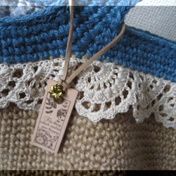 [訂購生產]雙色麻線包L（天藍色）手工編織扇形蕾絲 第2張的照片