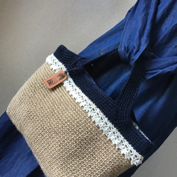 【定做】雙色麻線方籃背（藏青色）手工編織蕾絲，內布 第4張的照片