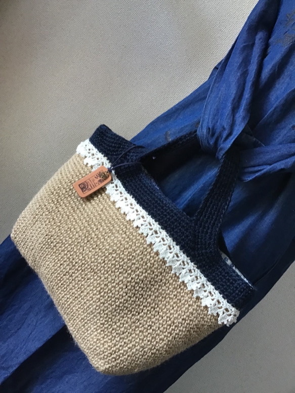 【定做】雙色麻線方籃背（藏青色）手工編織蕾絲，內布 第4張的照片
