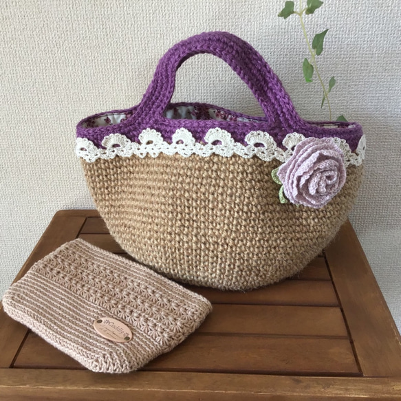 [Creema限量彈簧袋2019]一套籃子袋和門廊與玫瑰胸花紫色 第1張的照片