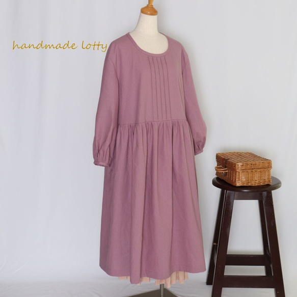 ざっくりレトロなワンピース ハーフリネン（オーキッドくすみ紫） 1枚目の画像