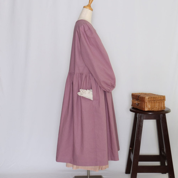 ざっくりレトロなワンピース ハーフリネン（オーキッドくすみ紫） 2枚目の画像