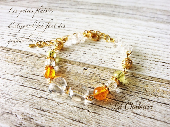 天然石》カナリートルマリン＋クリスタルのハートのブレスレット