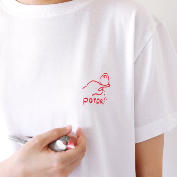 刺繍Tシャツ（torinotorio / 文鳥ポトリ / ピンク） 1枚目の画像