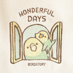 刺繍トートバッグ（WONDERFUL DAYS / セキセイインコ / グリーン） 2枚目の画像