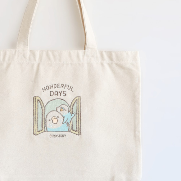 休日限定 刺繍トートバッグ（WONDERFUL DAYS / セキセイインコ / ブルー ミュージシャン