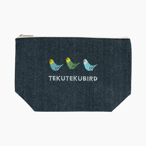 刺繍ポーチ（TEKU TEKU BIRD / セキセイインコ / デニム） 1枚目の画像