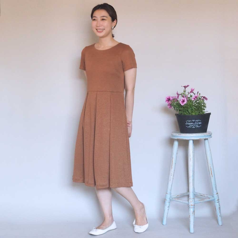 【受注制作】アーミッシュ風シンプルワンピース◇シナモンブラウン（リネン素材）*杢*