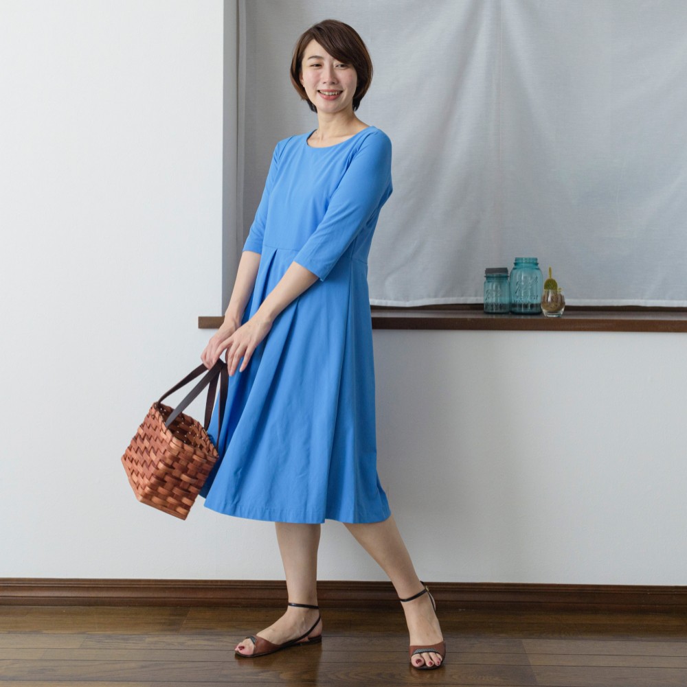 【XS-LL受注制作】アーミッシュ風シンプルワンピース◇アクアブルー（UVカット・透け防止機能付き）*やや薄手・軽量*