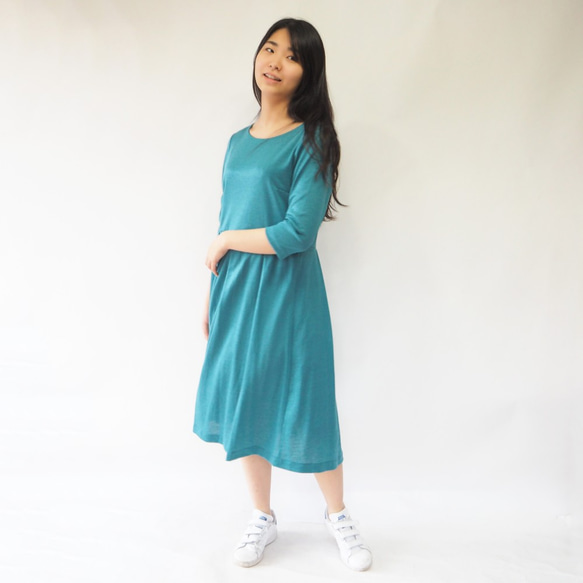 [XS-LL訂單製作]阿米甚風格簡約連衣裙エメラルド翡翠綠（亞麻材質） 第3張的照片