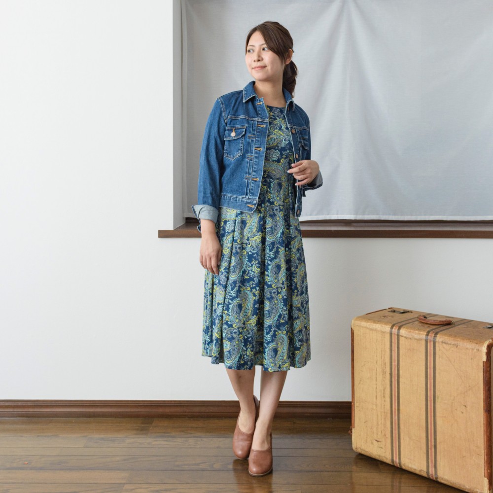 【受注制作】アーミッシュ風シンプルワンピース◇グリーン・ペイズリー柄（薄手生地）