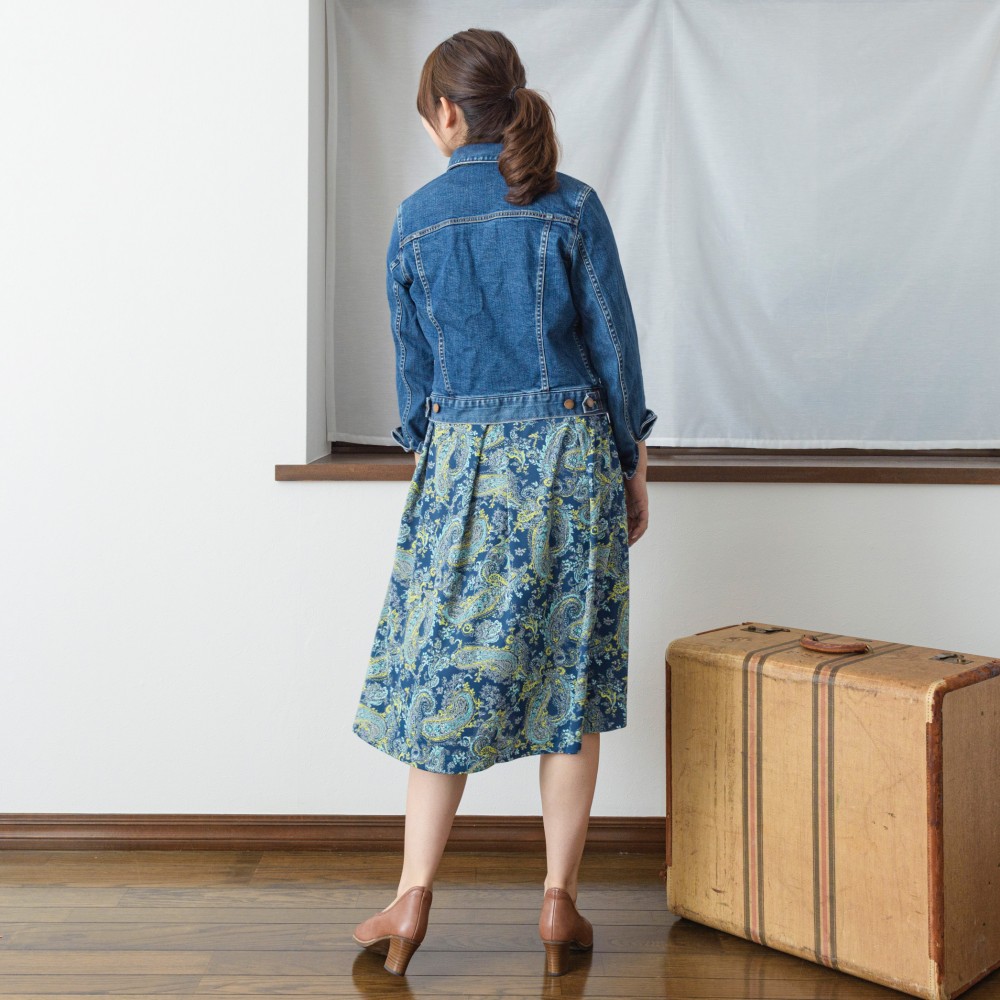 【受注制作】アーミッシュ風シンプルワンピース◇グリーン・ペイズリー柄（薄手生地）