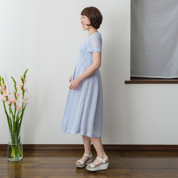 [XS-LL定做]阿米甚人風格的簡單連衣裙◇植物圖案（藍色）*薄面料* 第3張的照片
