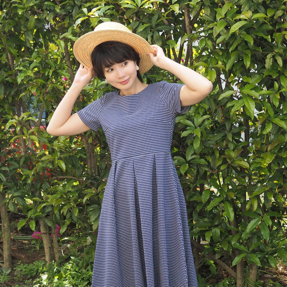 [定做的XS-LL]阿米甚人風格的簡單連衣裙◇方格布式（藍色）*薄面料* 第2張的照片