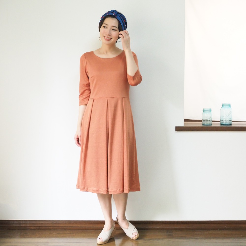 【受注制作】アーミッシュ風シンプルワンピース◇オレンジブラウン（リネン素材）*杢*