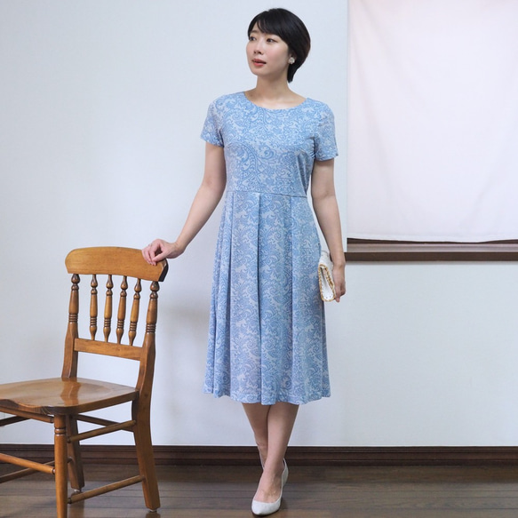 [XS-LL定做生產]阿米甚人風格的簡單連衣裙◇花邊圖案（藍色）*薄面料* 第1張的照片
