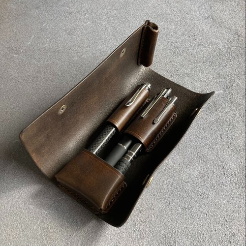 3本差し・ヌメ革 焦茶染め】万年筆ケース カートリッジ入付 ペン