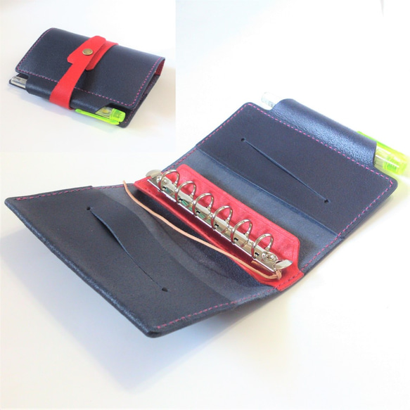 Mini 6圓柱筆架系統筆記本B7尺寸SN-001b＆r Nume地板革藍色和紅色皮革筆記本筆記 第1張的照片