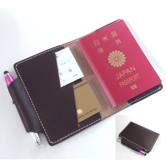 【手縫い】筒形ペンホルダー付パスポートケース PPC-03 Passport Case ヌメ床革 焦げ茶【受注生産】 1枚目の画像