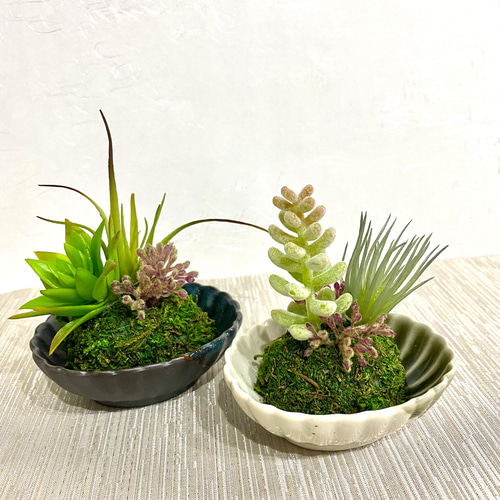 小さな苔玉和風多肉植物アレンジ2点セット アートフラワー カガミン