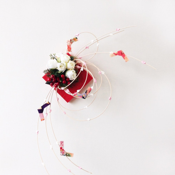 お正月飾りオブジェもち花と薔薇アレンジNYB-15 2枚目の画像