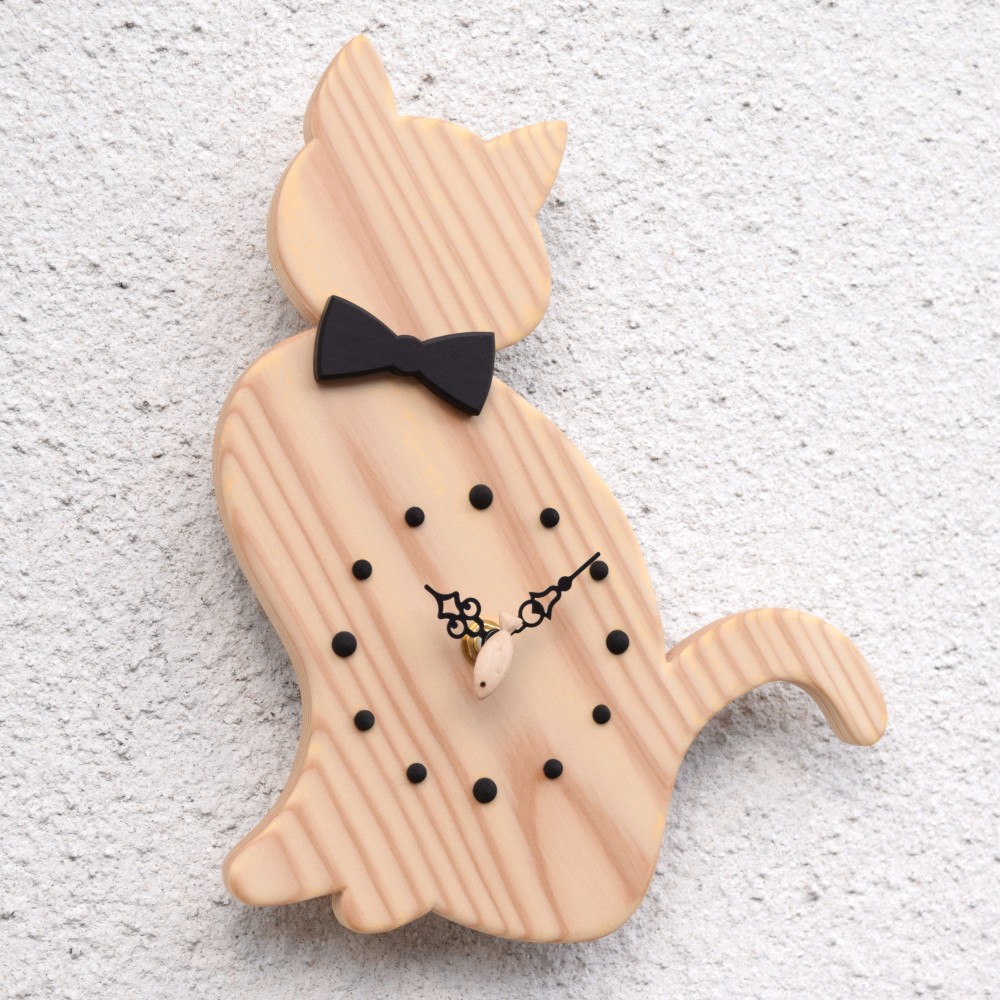 【魚秒針】『おすましネコ　クリア』掛時計【智頭杉】