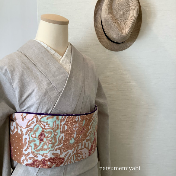 ◆バティック半幅帯パッチワーク107 washed coral／kimono ethnic／ナツメミヤビ 7枚目の画像