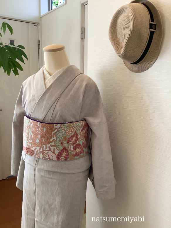 ◆バティック半幅帯パッチワーク107 washed coral／kimono ethnic／ナツメミヤビ 8枚目の画像