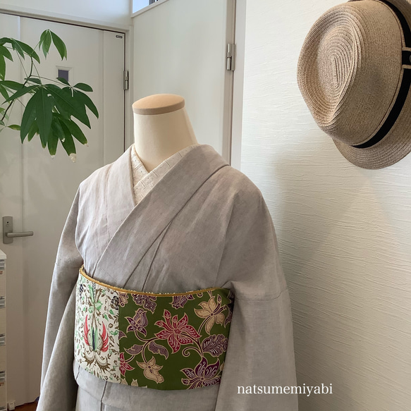 ◆バティック半幅帯パッチワーク108 leaf green ／kimono ethnic／ナツメミヤビ 4枚目の画像