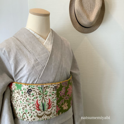 ◆バティック半幅帯パッチワーク108 leaf green ／kimono ethnic／ナツメミヤビ 5枚目の画像