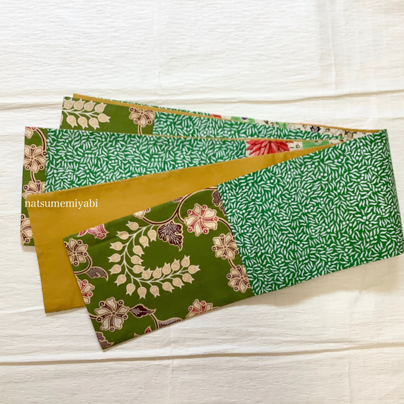 ◆バティック半幅帯パッチワーク108 leaf green ／kimono ethnic／ナツメミヤビ 7枚目の画像