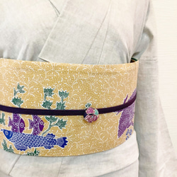 ◆エスニックフィッシュのバティック半幅帯no.2グリーン／kimono ethnic／扇／ナツメミヤビ 1枚目の画像