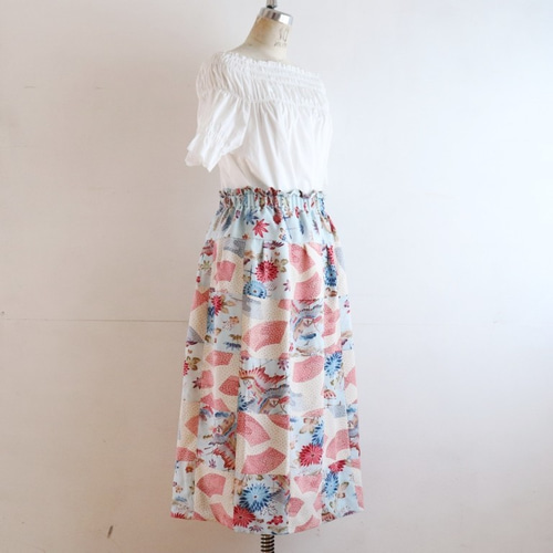 絹 紅型染風パッチワークのリラックスゴムスカート Fサイズ ロング