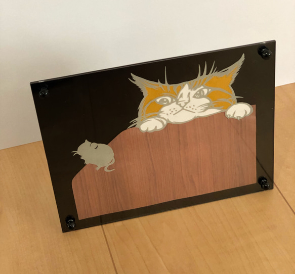 送料無料　ねこ（グレー×イエロー）切り絵 3枚目の画像