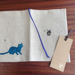 リネン手刺繍 青猫（あおねこ）のブックカバー 8枚目の画像