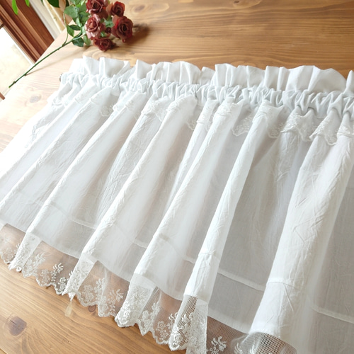 ホワイトコットン♪タック&ダブルレースカフェカーテン 114cm×37.5cm