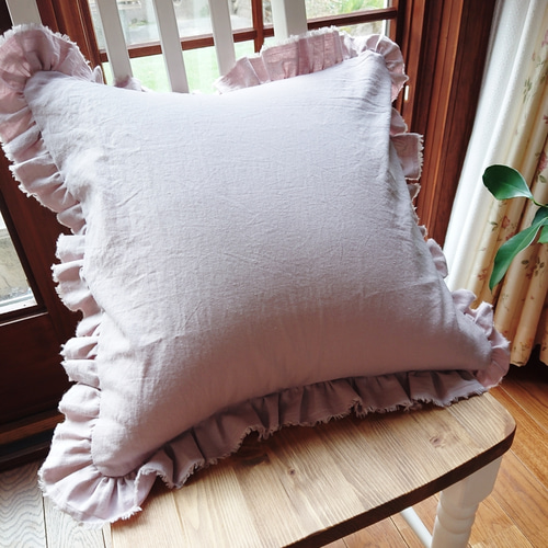 ダスティピンクリネンコットン♪フリルクッションカバー 45cm