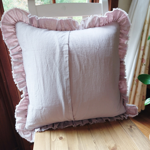 ダスティピンクリネンコットン♪フリルクッションカバー 45cm×45cm