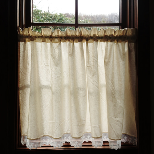 ナチュラルコットン♪リボンアップカフェカーテン 横114cm×縦60cm