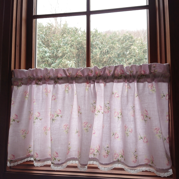 ジャガード織り♪ペールラベンダー薔薇のカフェカーテン 106cm×38cm 1枚目の画像